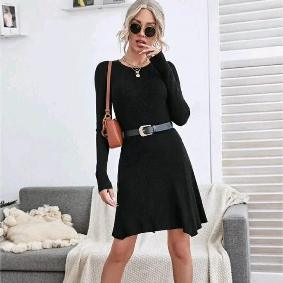 NEW Black Ribbed Long Sleeve Sweater Dress - Picture 1 of 9